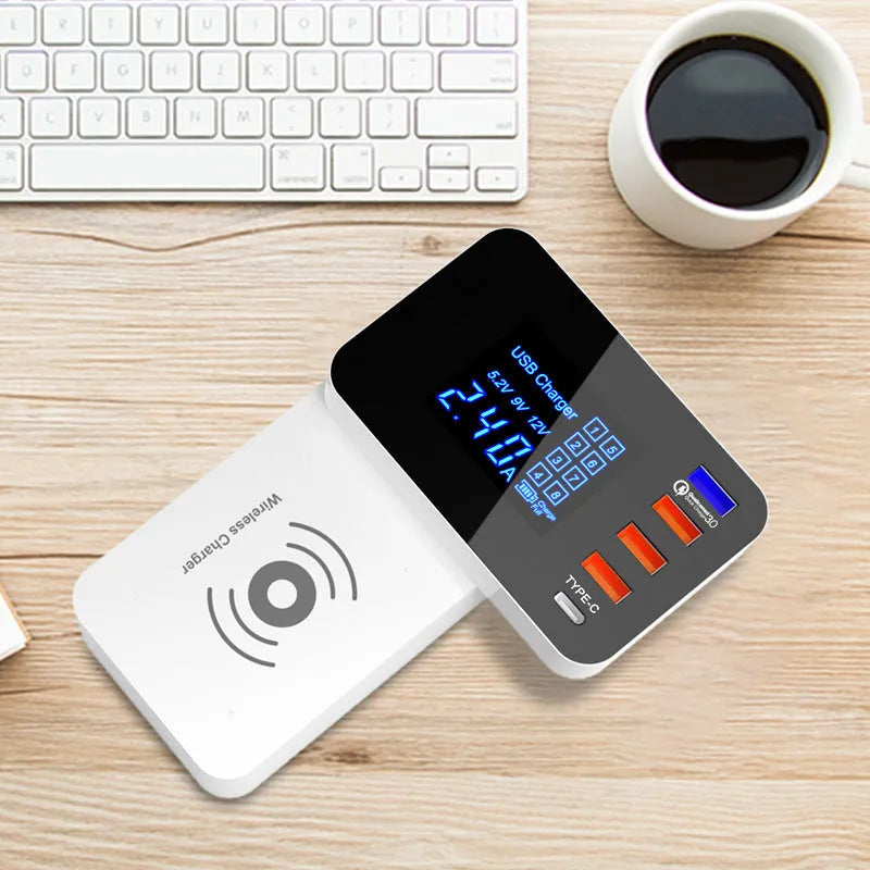 White multi-port USB wall charger with wireless charging pad and UK plug on a 1.5 metre cable.