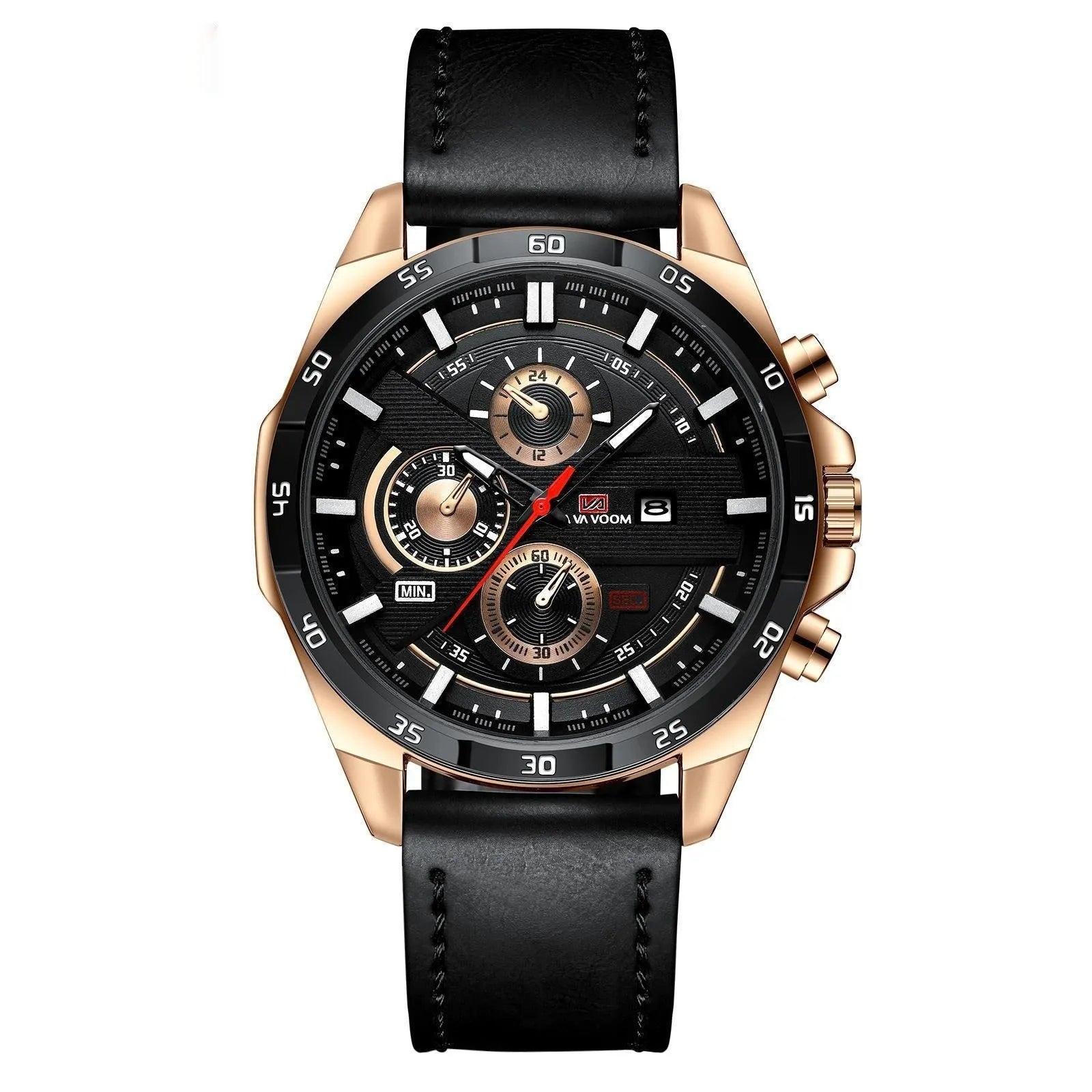 Men's casual quartz watch with business calendar on leather strap in rose gold and black colourway.