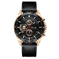 Men's casual quartz watch with business calendar on dial, showing black leather strap and rose gold case option.