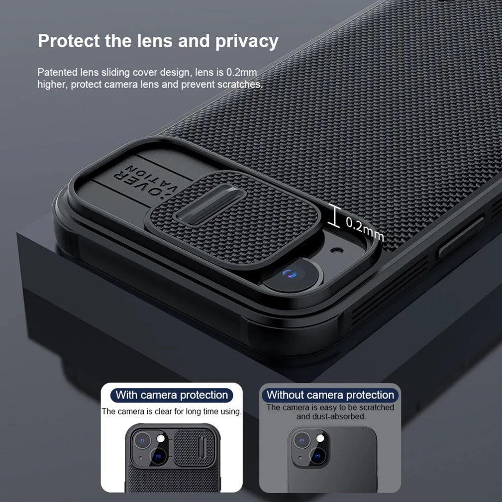 Black textured sliding back cover protective case for iPhone 13 Pro Max, made from PC and TPU.