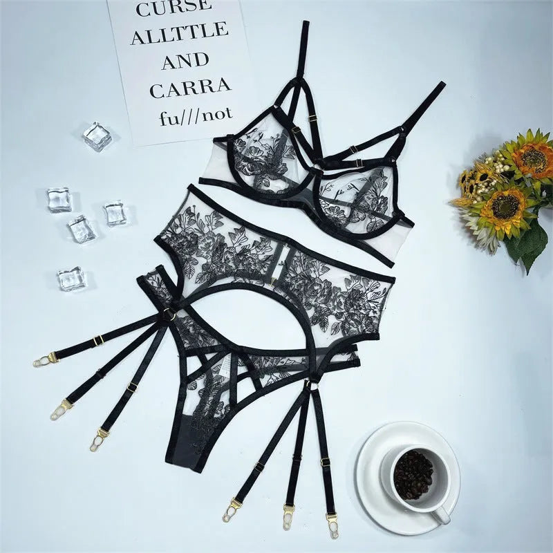 Black women's lace mesh floral print three-piece set with top, pants, and waist ring
