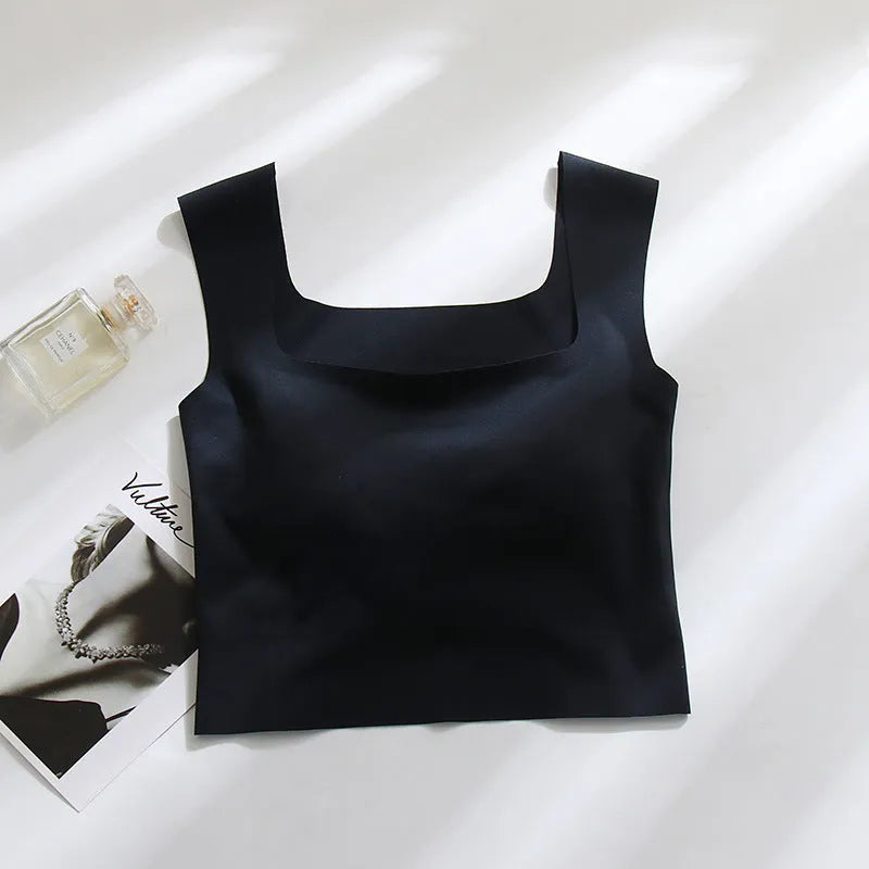 Women's seamless non-marking sling vest with thin mould cup in light blue.