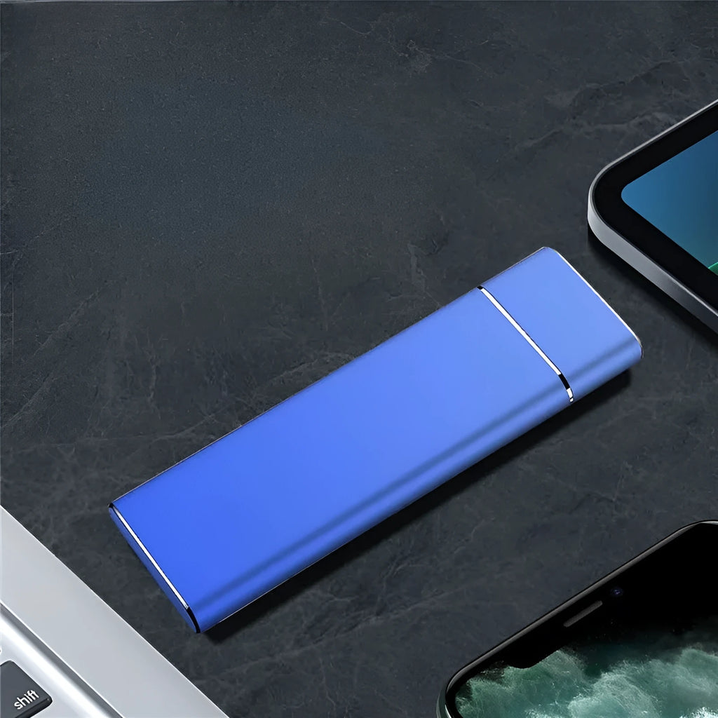 Sapphire blue portable external solid state hard disk with metal casing measuring 10.3cm