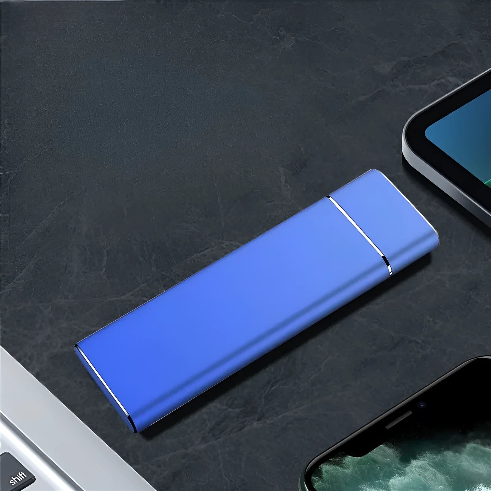 Sapphire blue portable external solid state hard disk with metal casing measuring 10.3cm