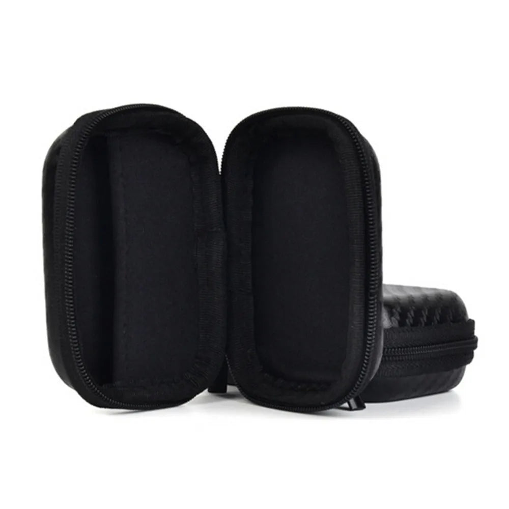 Mini black travel storage case for GoPro and action cameras, compact size 7.5cm x 5.5cm x 2.5cm