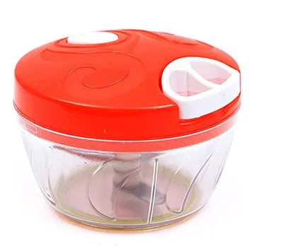 Green manual kitchen chopper grinder with three blades inside a clear bowl.