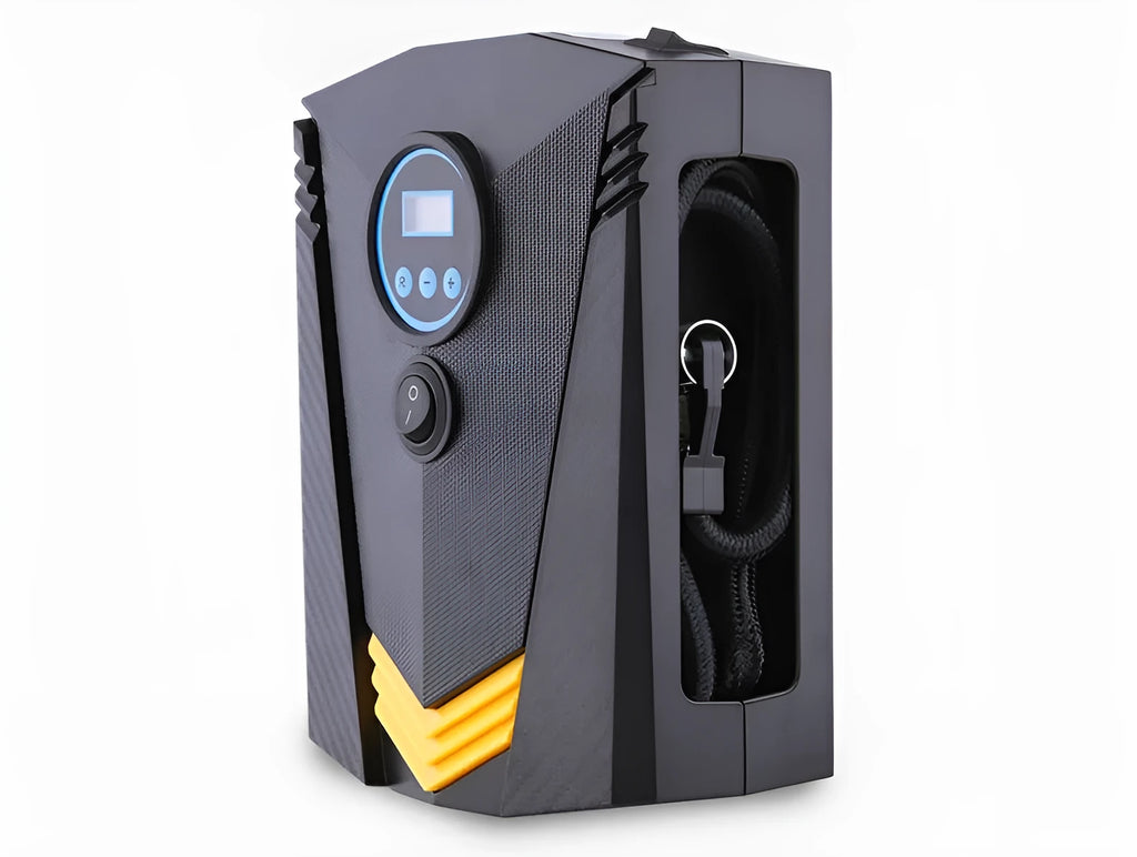 Black 12V single cylinder digital tyre inflator with pressure gauge and automatic charging displayed on dark surface