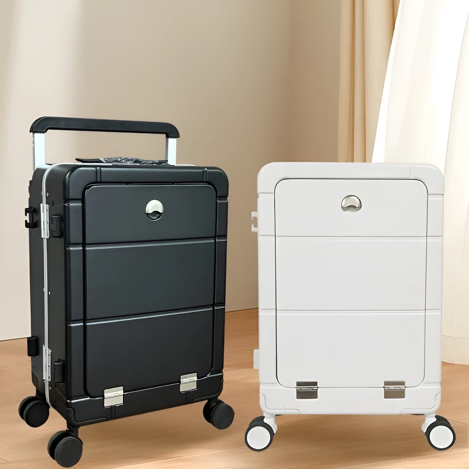 20-inch front opening cabin suitcase in silver with a cup holder and separate wet-dry compartment.