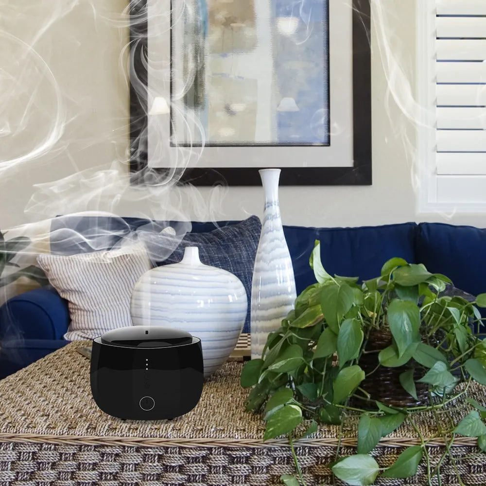 Smart home aromatherapy humidifier with 300ml capacity, colourful LED lights, touch panel, and UK plug in white