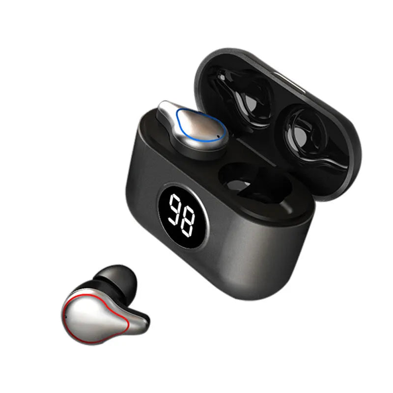 Black and Blue in-ear Bluetooth stereo headset for wireless listening.