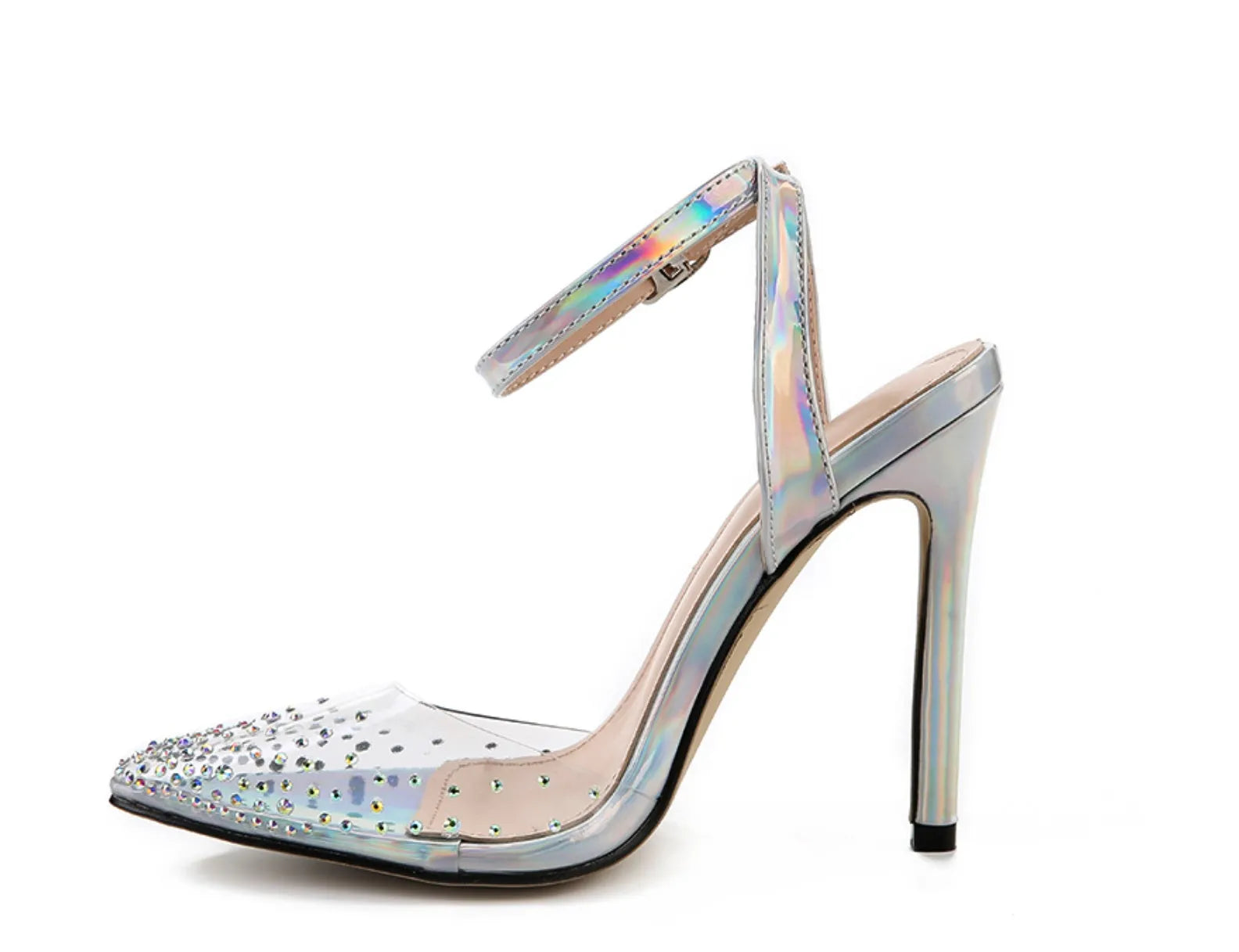 Women's pointed-toe sandals with glossy PVC upper and a thin stiletto heel on a neutral background.