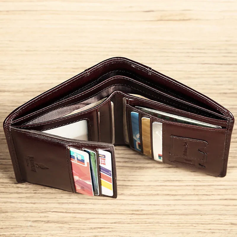 Men's black full-grain leather bifold wallet open, showing card slots, zip coin pocket, and banknote section.