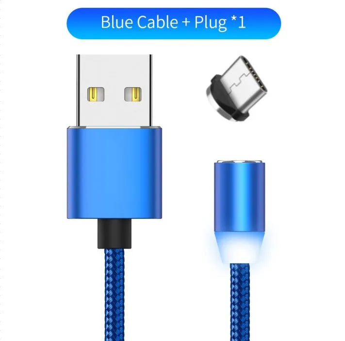 Black magnetic LED charging cable with aluminium shell and woven texture, showing LED light and connector.