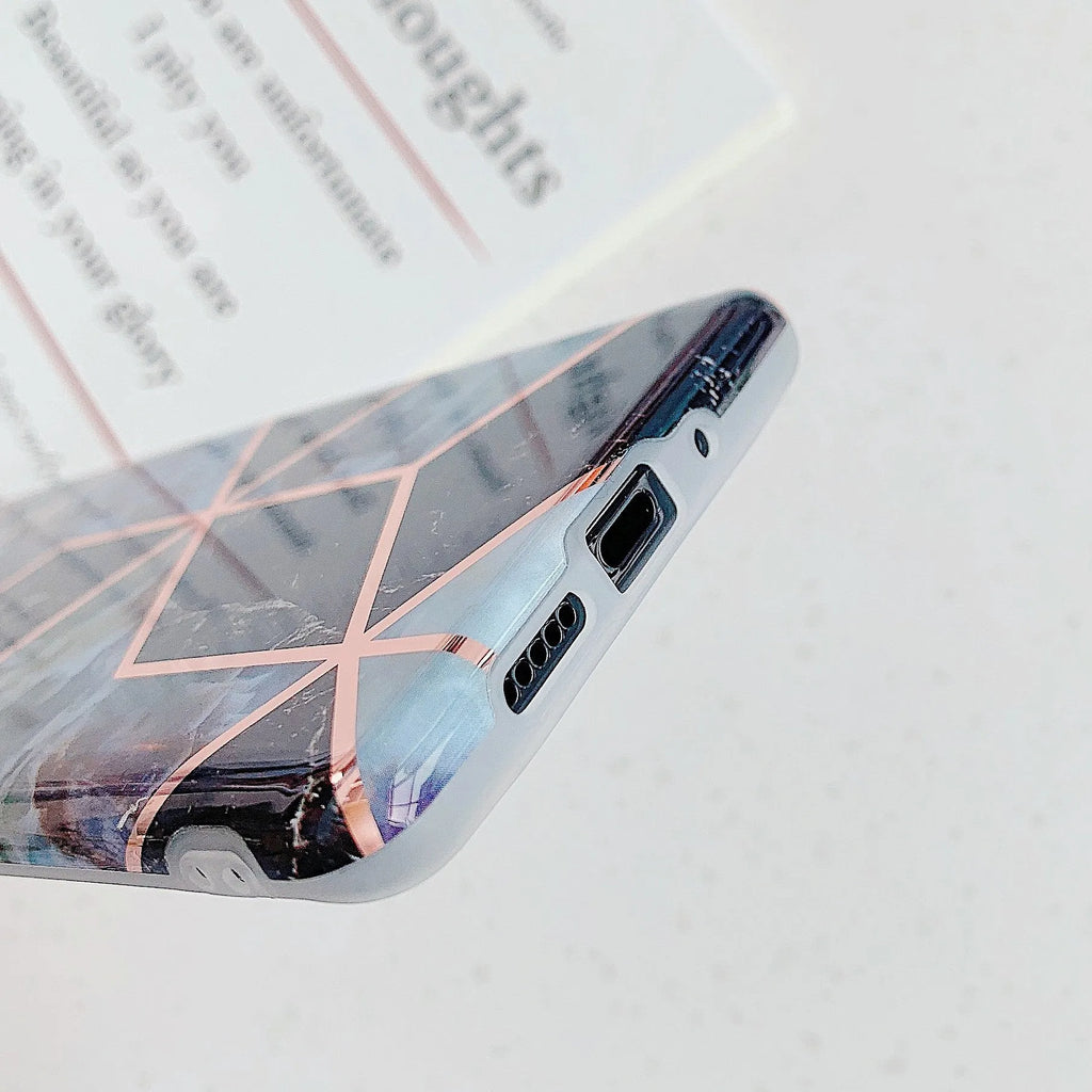 Electroplated marble pattern TPU back cover case for a Huawei or Samsung smartphone.