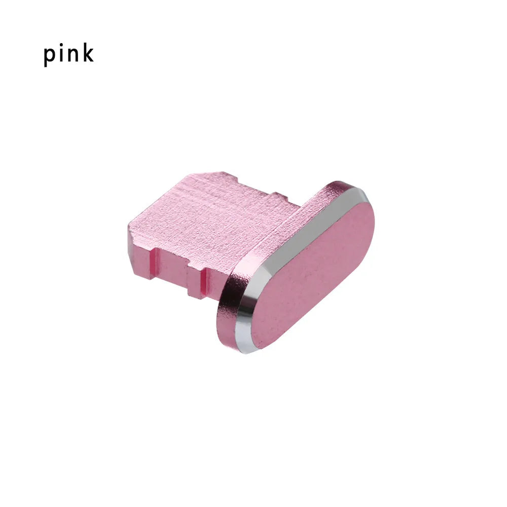 Aluminium alloy charging port dust plug for iPhone in various colours including gold, silver, blue, and black.