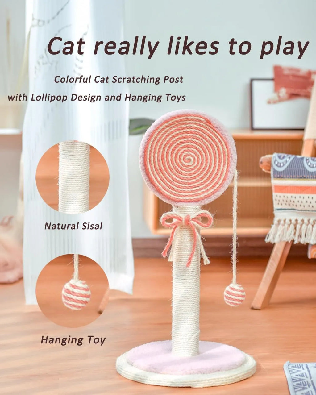 Cat scratching post with hanging ball toy in natural sisal rope on wooden base