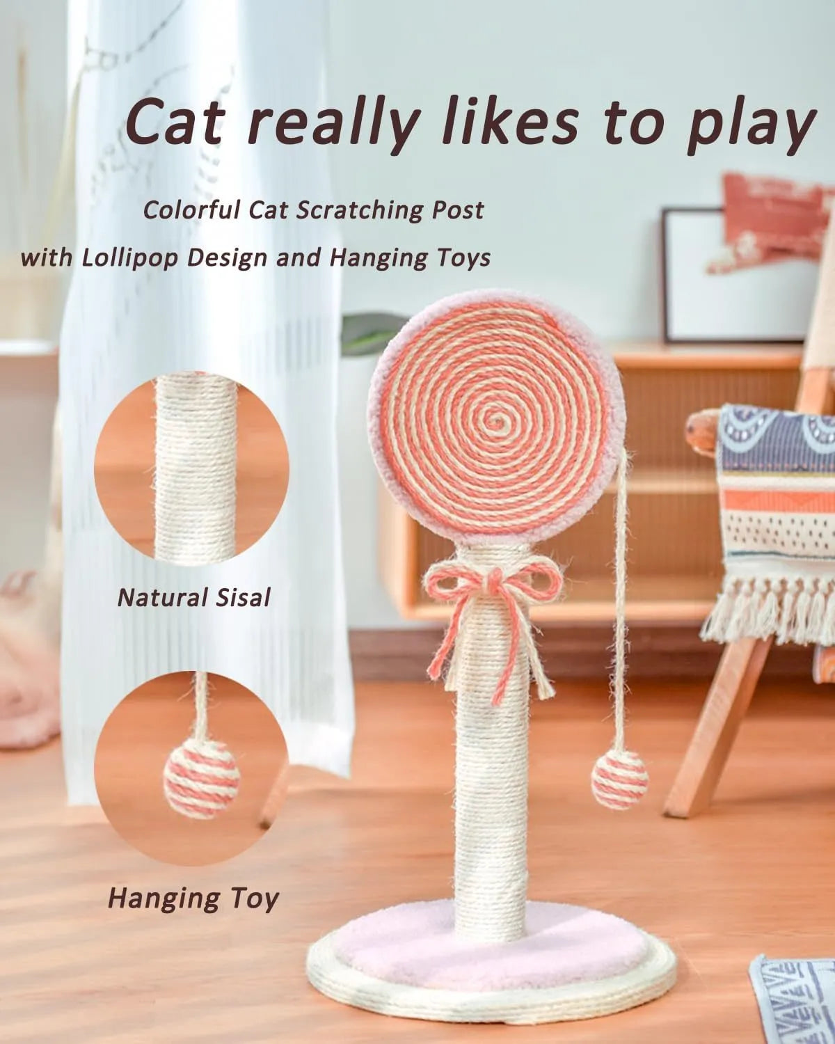 Cat scratching post with hanging ball toy in natural sisal rope on wooden base