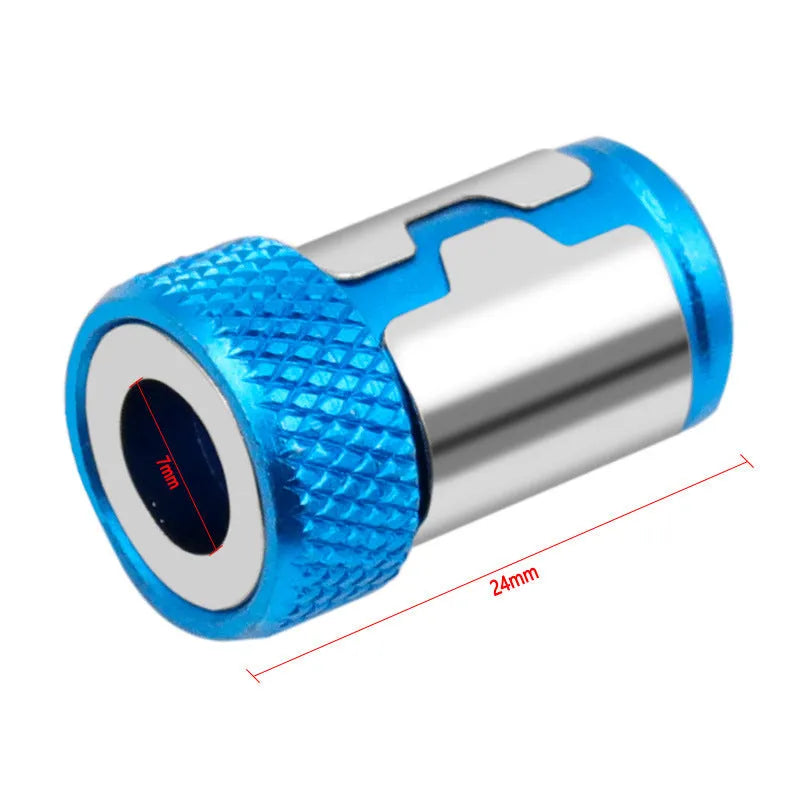 Light blue magnetic screwdriver bit with slotted head and magnetic ring design
