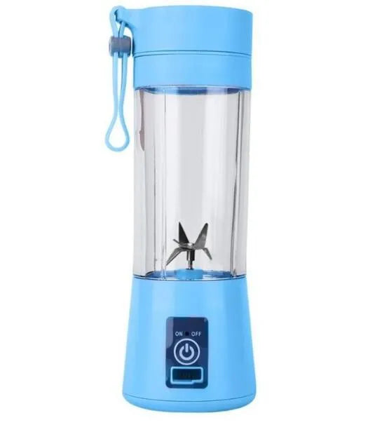 Mini USB-powered centrifugal fruit juicer in pink, with a 400ml plastic cup and stainless steel blade.