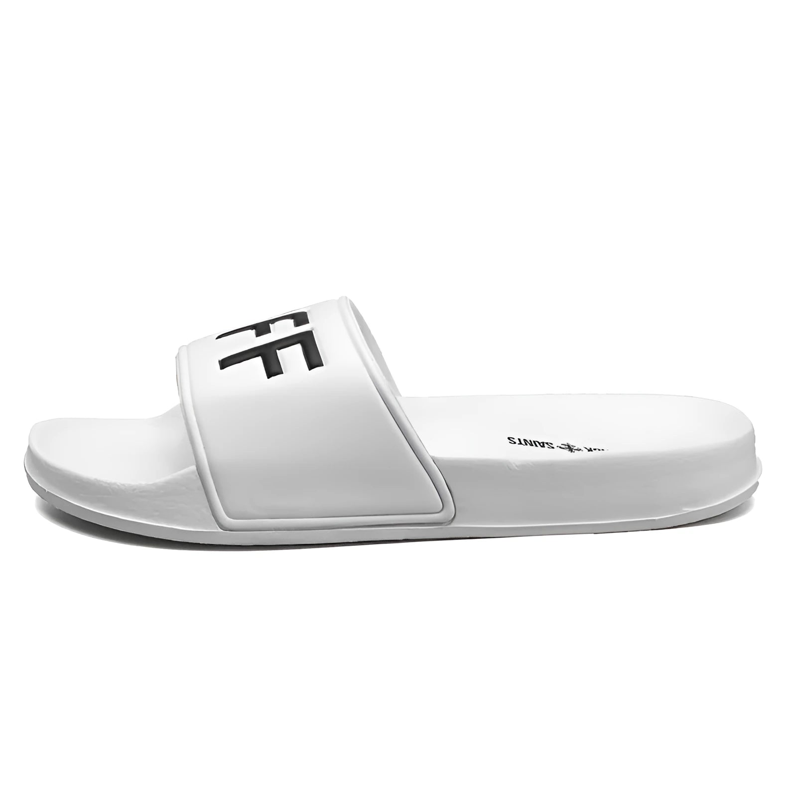 Men's black open-toe personalised slippers with a rubber sole, shown from the side.