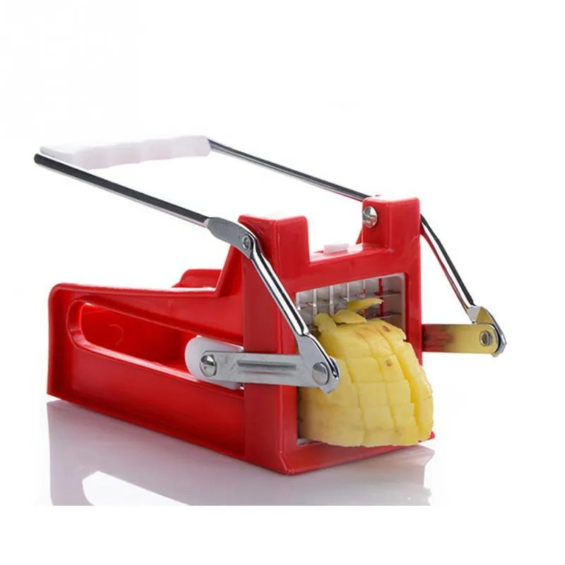 Potato chopper gadget with two stainless steel blades and a non-slip rubber foot on the base.