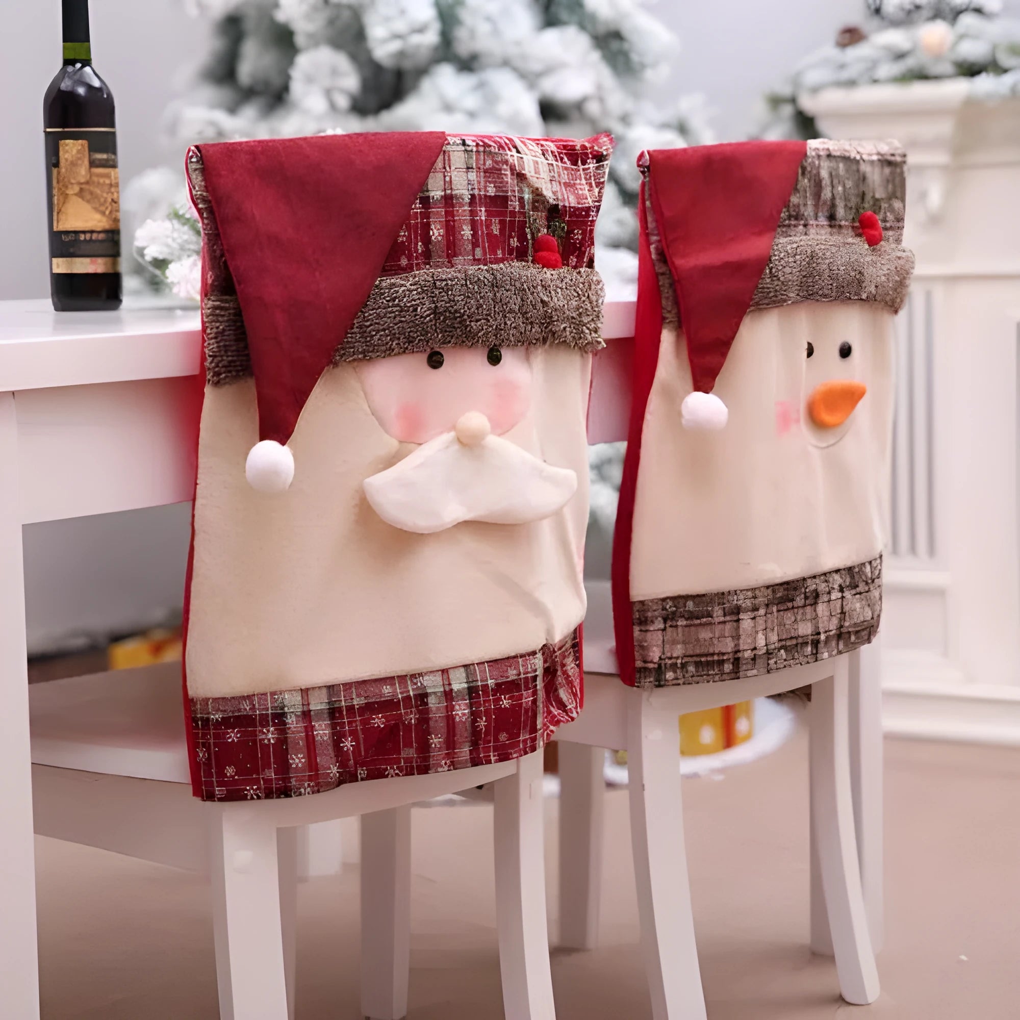 Set of Christmas chair covers featuring Santa Claus, Snowman and Santa hat designs on dining chairs