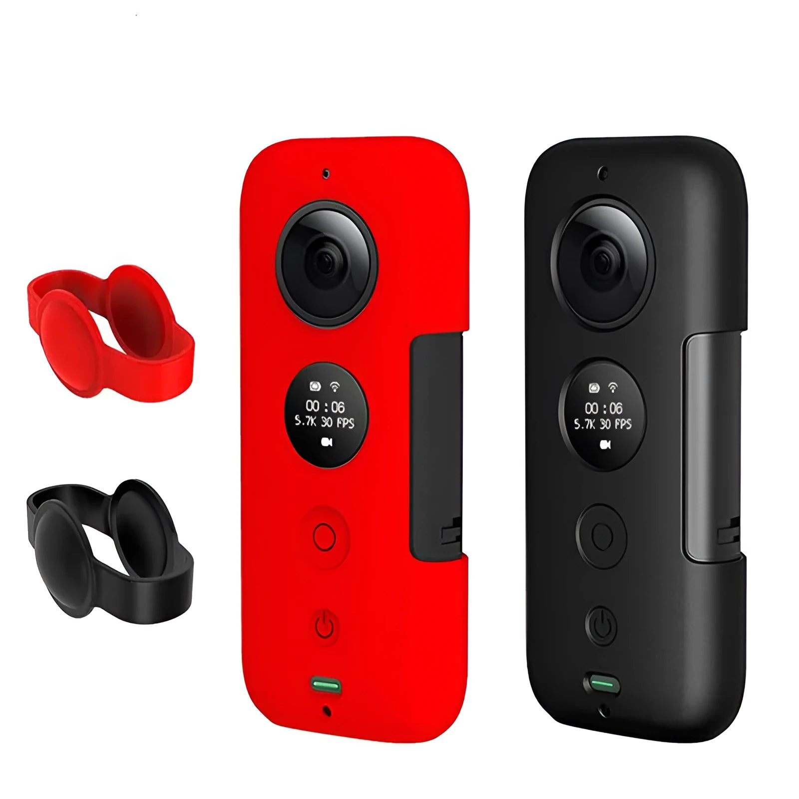 Insta360 ONE X silicone protective case in black and red colour options showing precise camera cutouts