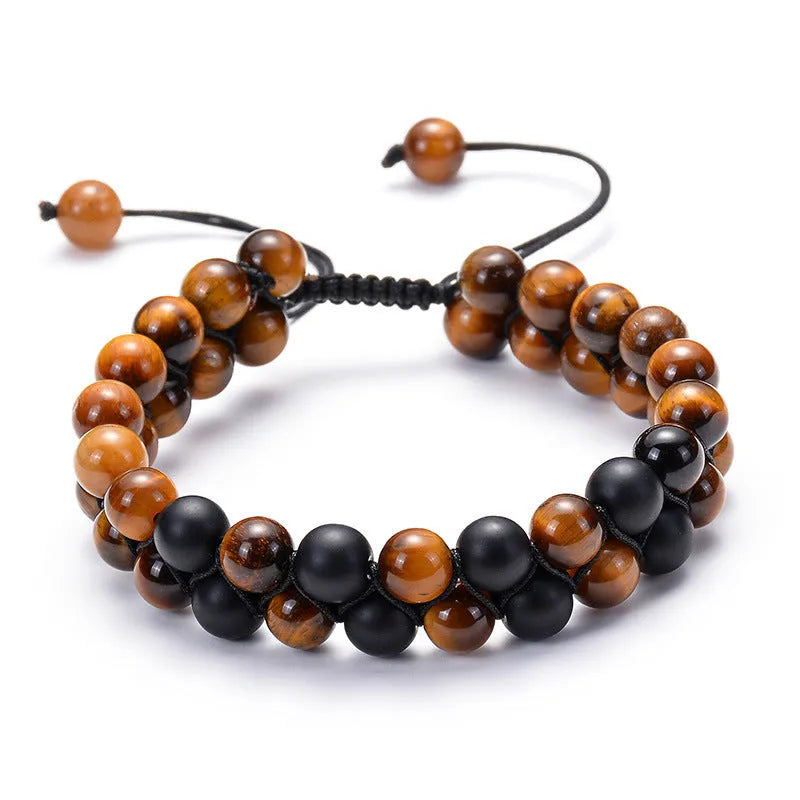Geometric agate couple bracelets in tiger eye and matte black beads.