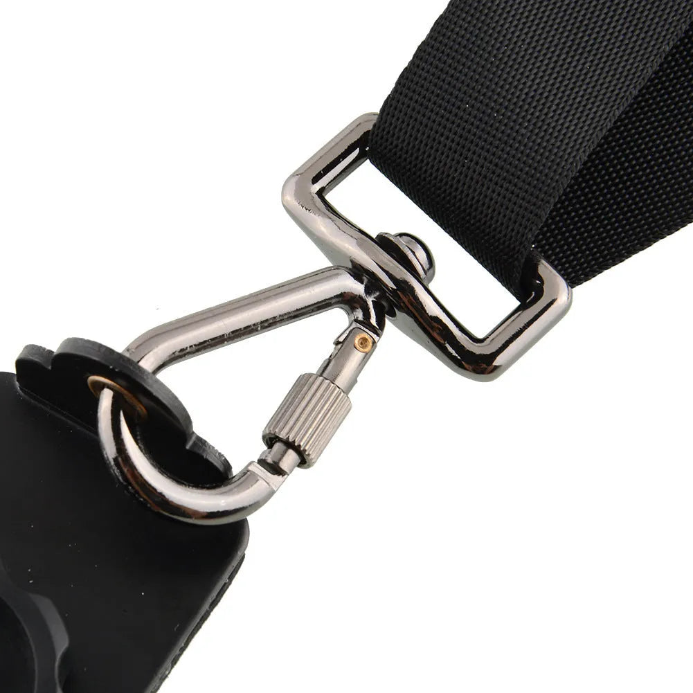 Black professional dual SLR camera shoulder strap with thick padding, shown holding two cameras.