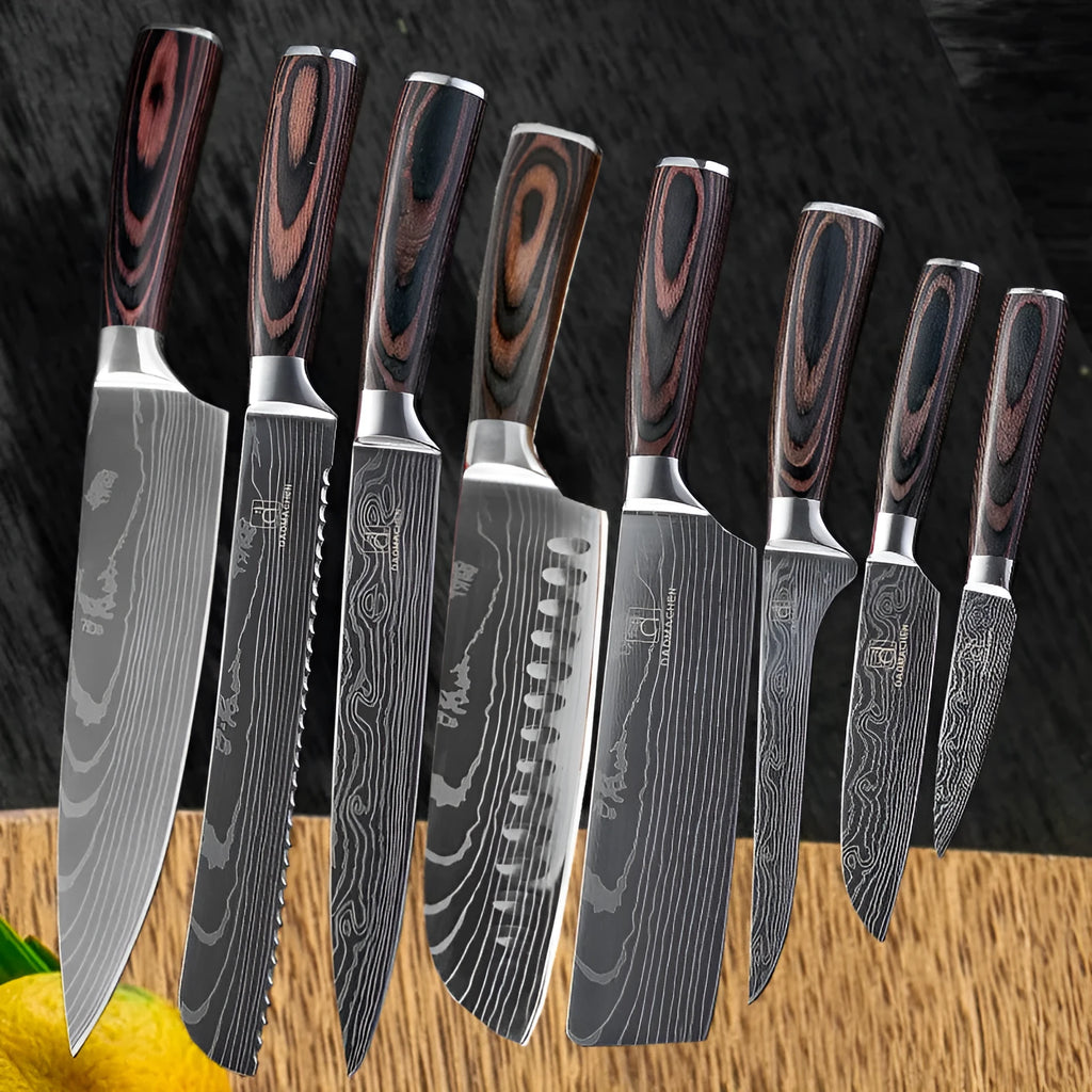 Chef knife with laser Damascus patterned blade and colour steel handle, length 30cm
