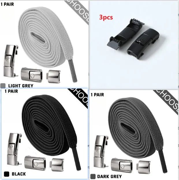 Set of press lock elastic no-tie shoelaces in 8mm widened flat design on a white background.