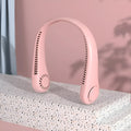 Pink USB rechargeable bladeless neck fan worn around the neck.
