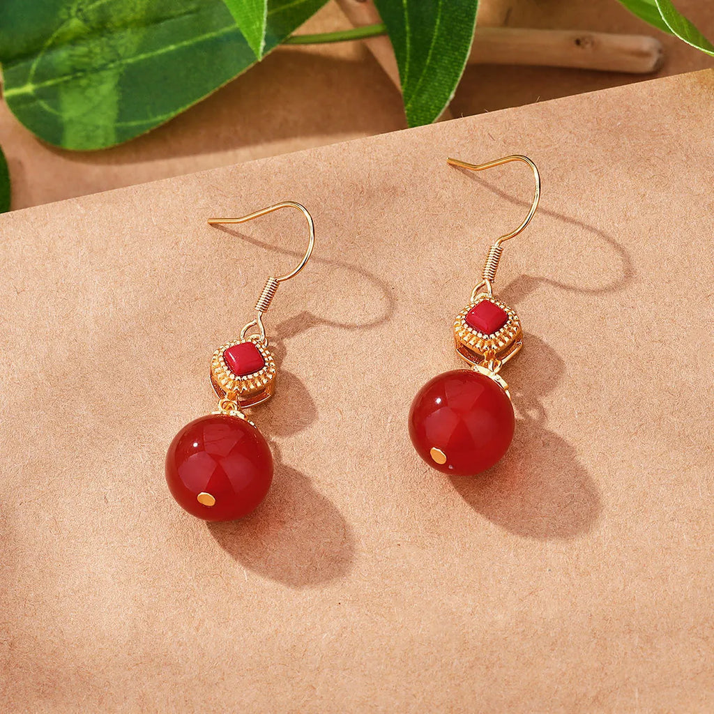 Southern red agate round bead earrings with sterling silver inlaid jasper geometric drop design