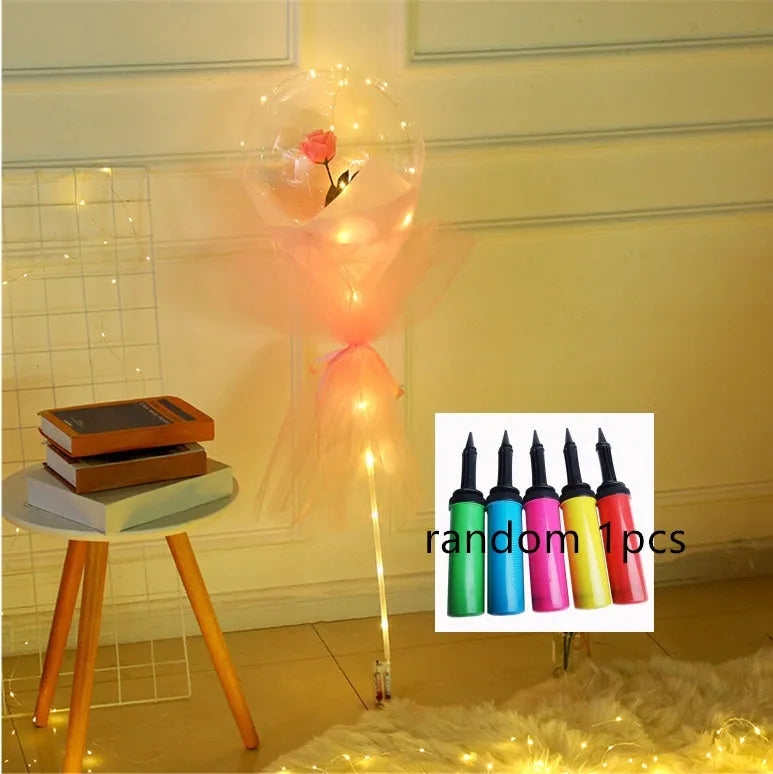 DIY LED luminous balloon rose bouquet set with transparent Bobo balls and LED lights on artificial flowers