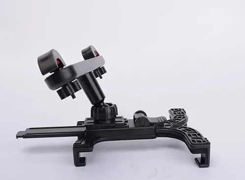 Black universal rotating tablet holder mounted on a car headrest, showing adjustable bracket.