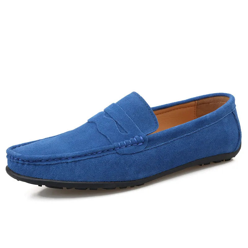 Men's solid colour suede slip-on loafers with round toe and flat rubber sole