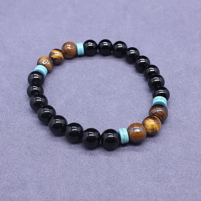 Black agate and tiger's eye geometric beaded bracelet and necklace set.