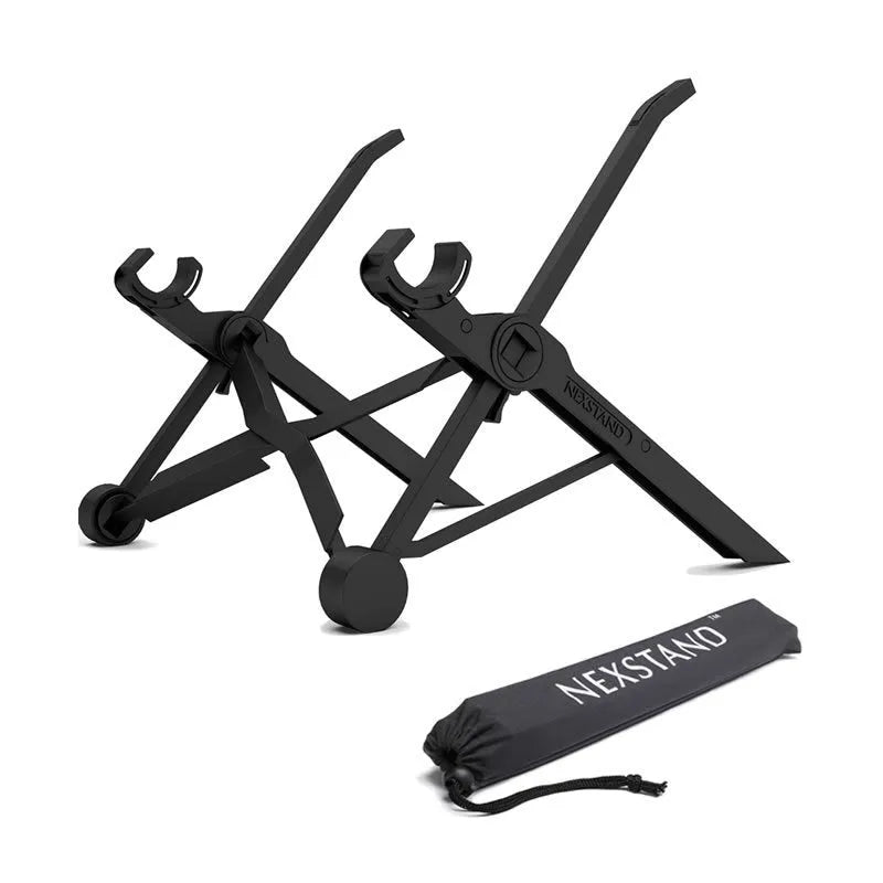 Sagacious black portable folding laptop bracket on a table with carrying case