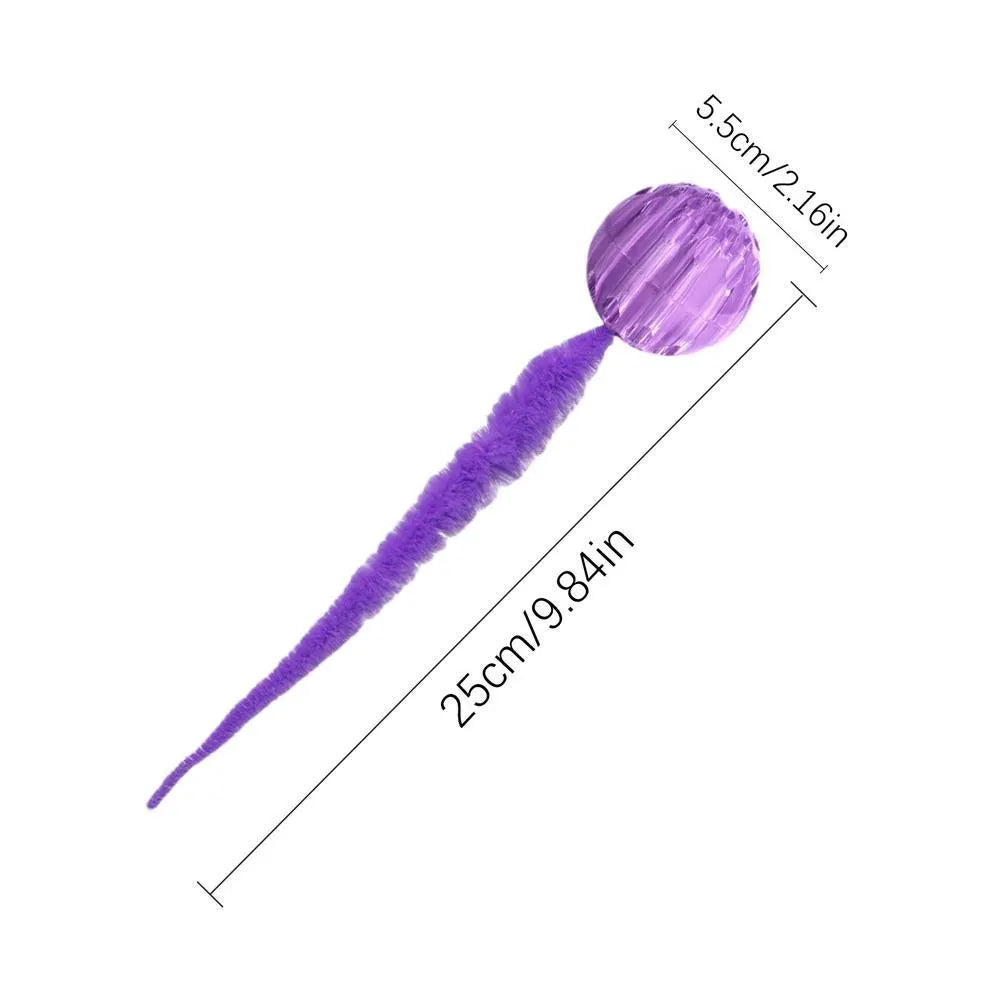 Interactive TPR bouncy ball cat toy with soft plush worm tail in green, pink or purple