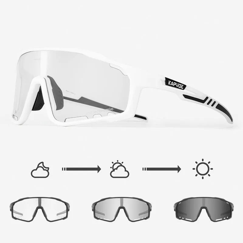 Photochromic cycling sunglasses with semi-rimless TR90 frame on a bicycle helmet.