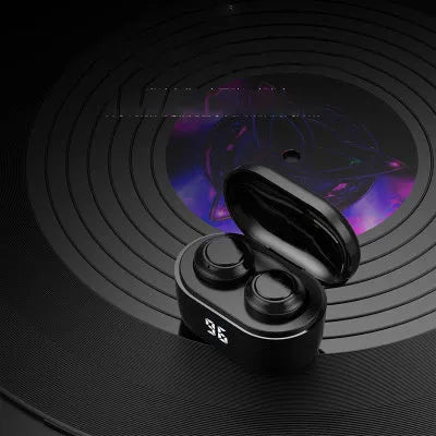 Black stereo Bluetooth wireless earbuds with earplug design for music and calls.