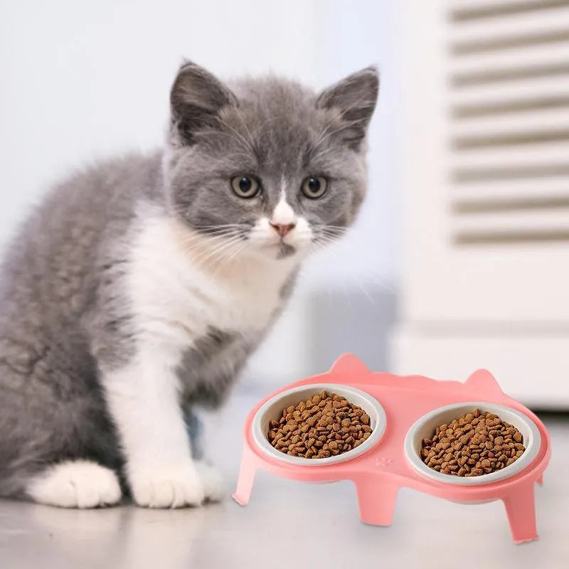 Blue ceramic cat food and water bowl set on a white elevated plastic stand with hook design.