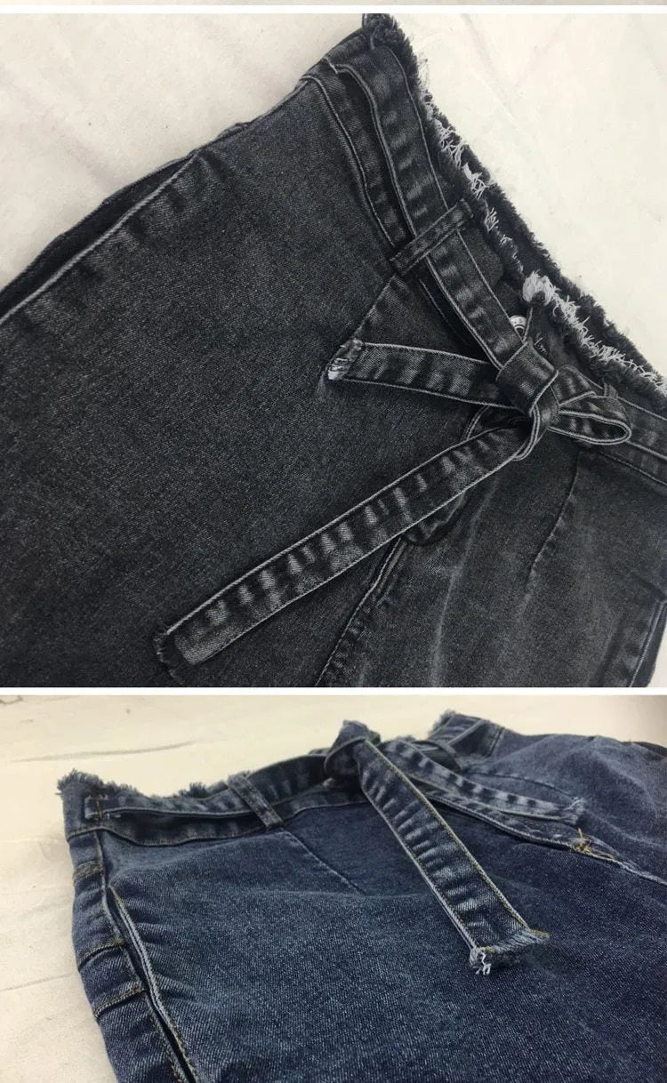 Cowboy fabric fringed jeans in dark blue, grey, or light blue on a model.