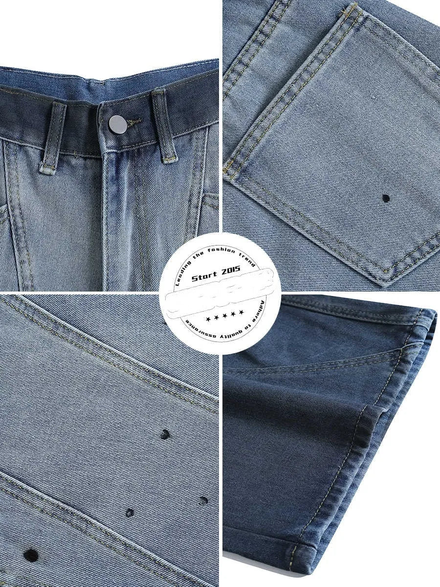 Blue tie-dye gradient washed-out cropped jeans with a loose fit and mid-waist, laid flat