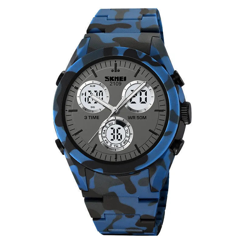 Unisex digital watch with camouflage strap and resin lens, showing time display and stainless steel buttons.