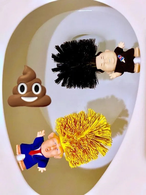 Yellow plastic Donald Trump toilet brush with 40cm length and hanging slot handle