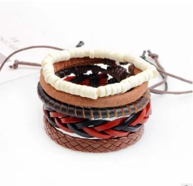 Handmade adjustable leather bead bracelet with multilayer design featuring cowhide leather, wooden beads, and woven ropes