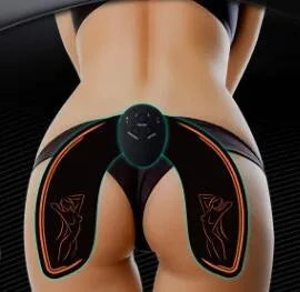 Compact black EMS muscle stimulator unit with conductive gel pads for abdominal and buttock toning