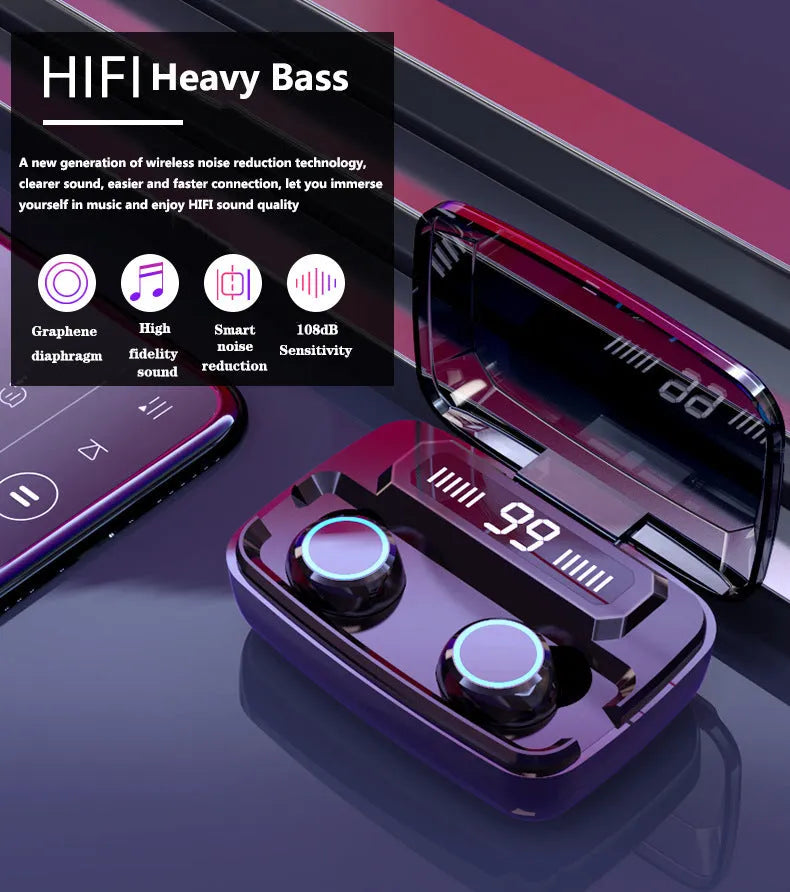Black M11 style Bluetooth wireless headset with digital display, showing charging case with integrated mobile phone holder.