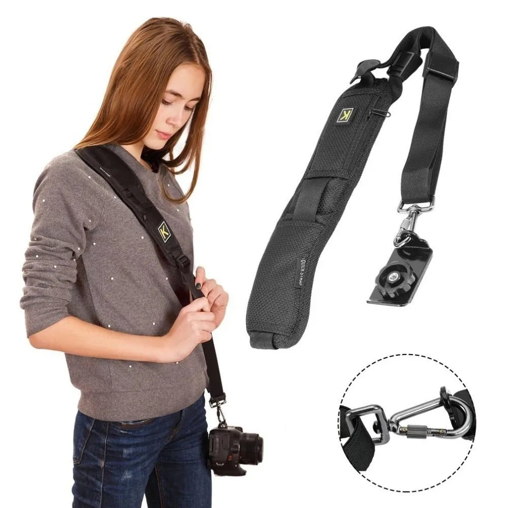 Black nylon DSLR camera shoulder strap with quick-adjust buckle and 75mm wide shoulder pad